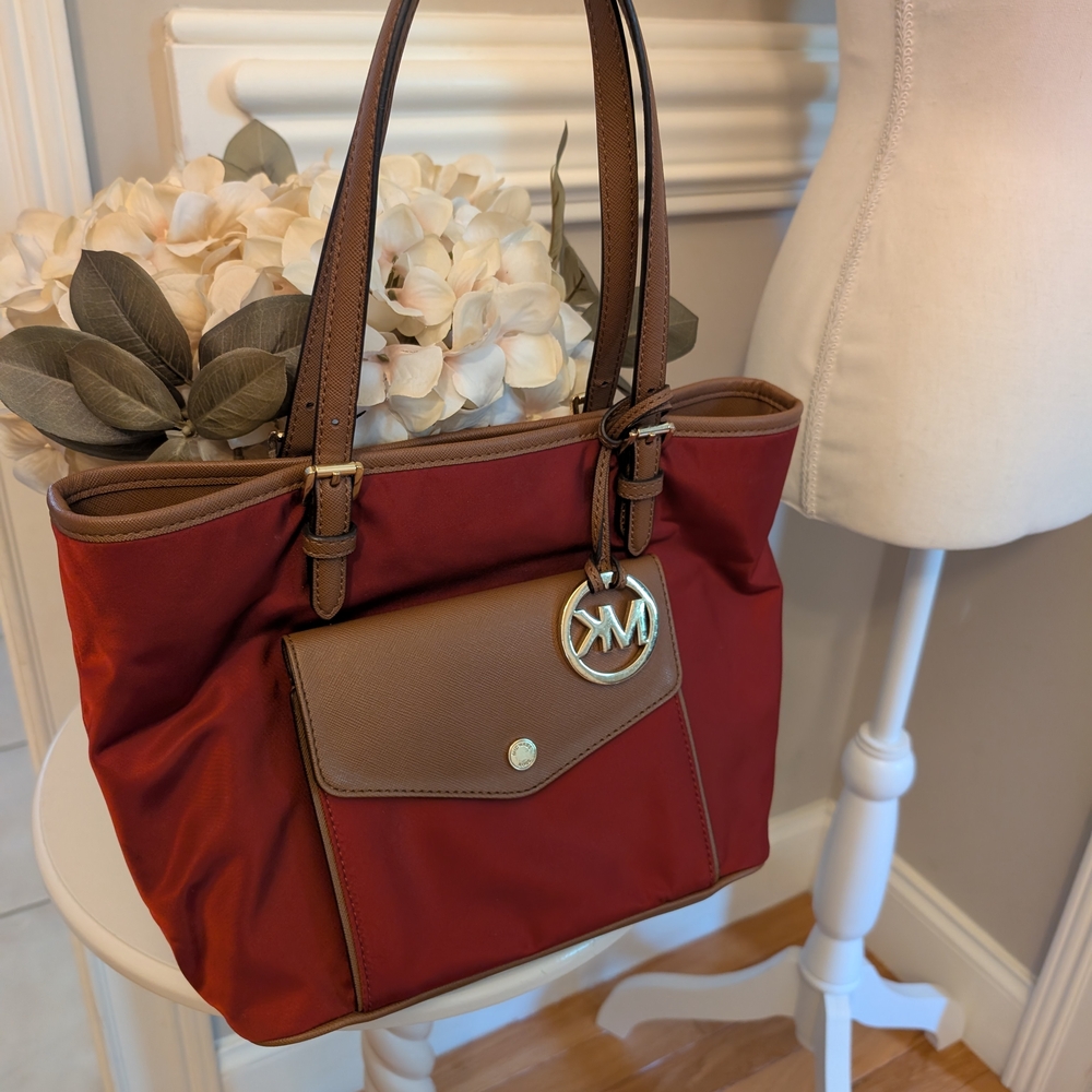 MICHAEL Michael Kors Red and Brown Tote with Signature MK Charm - Picture 4 of 6